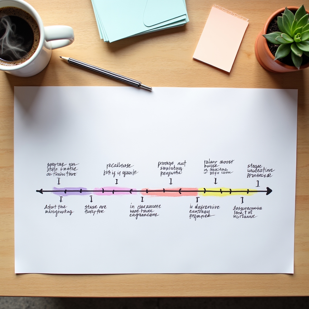Visual diagram of SaaS buyer journey stages mapped to content types on a light desk