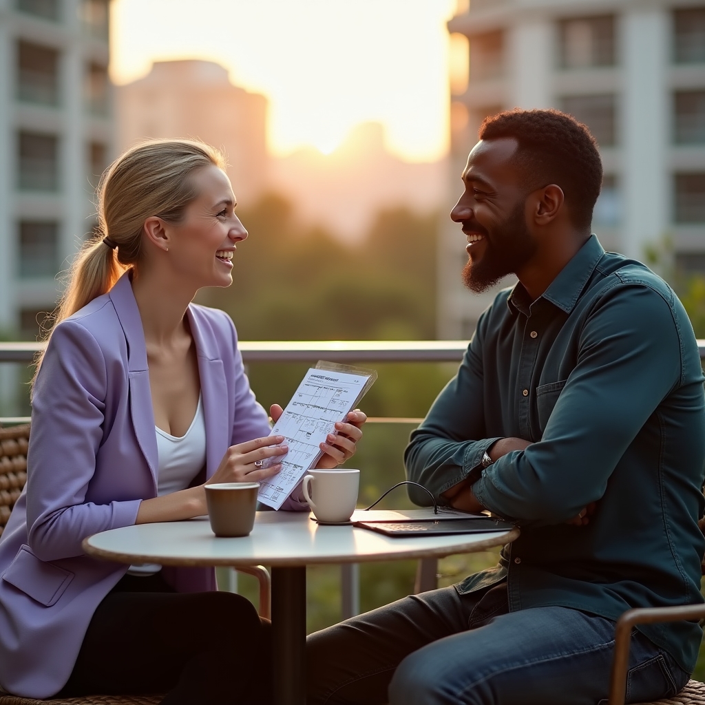 Content strategist and SaaS founder reviewing content plan together at an outdoor rooftop table